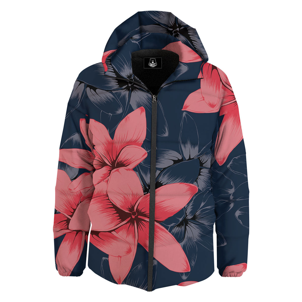 Plumeria Flower Pink Print Down Jacket-grizzshop