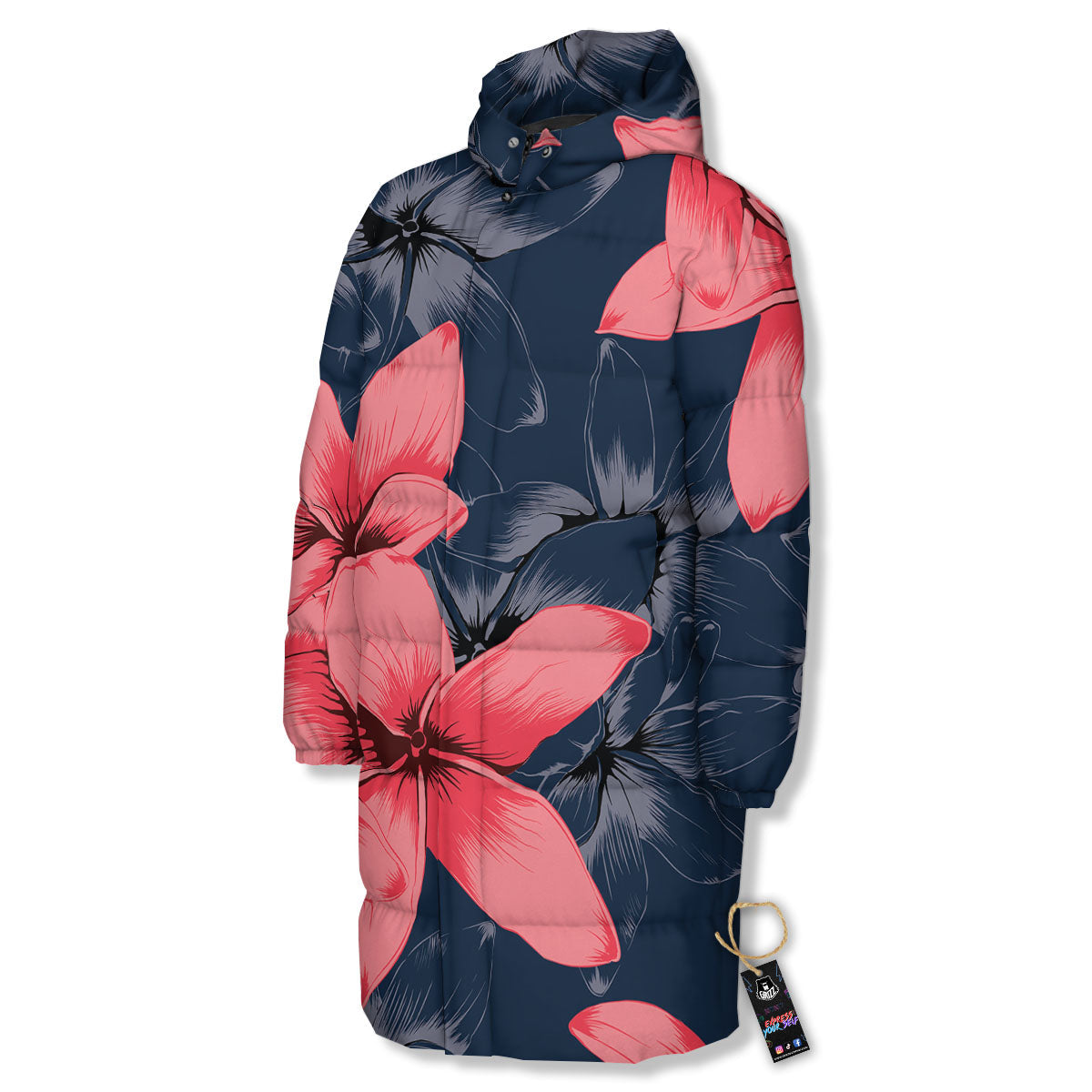 Plumeria Flower Pink Print Long Down Jacket-grizzshop