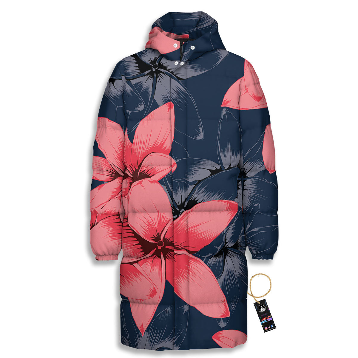 Plumeria Flower Pink Print Long Down Jacket-grizzshop