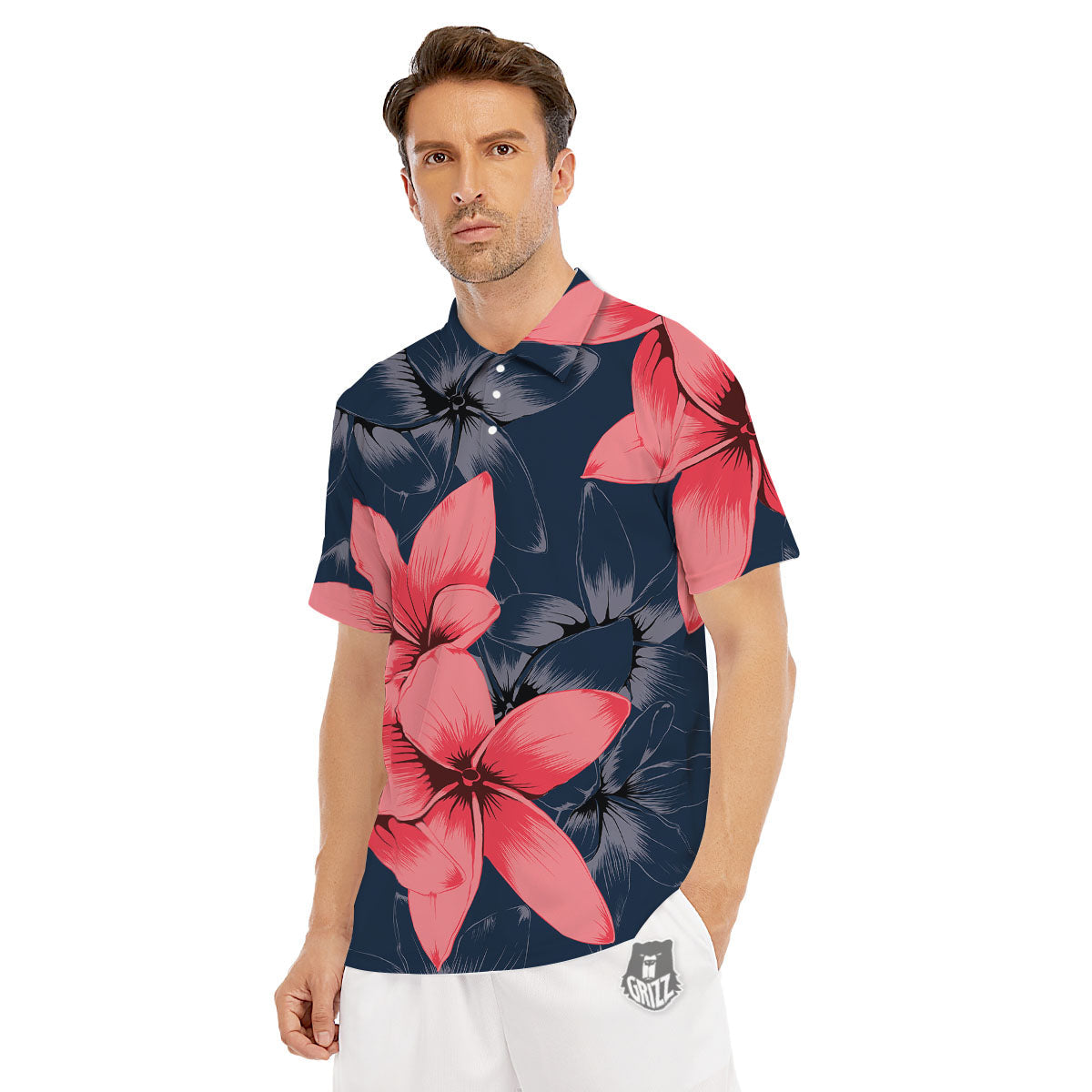 Plumeria Flower Pink Print Men's Golf Shirts-grizzshop