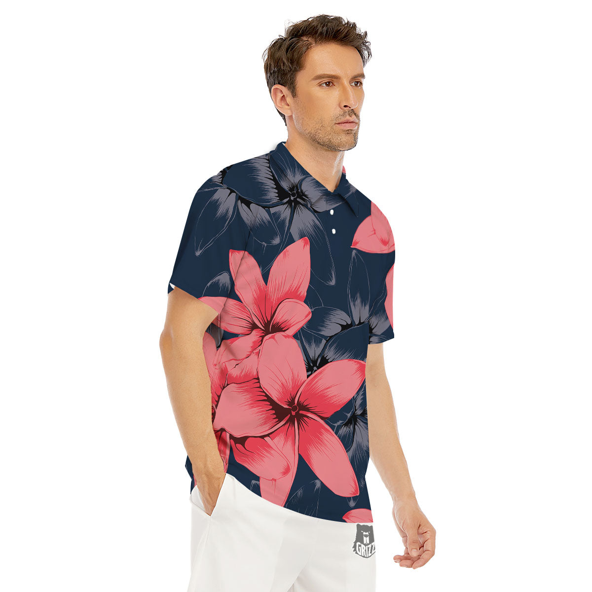 Plumeria Flower Pink Print Men's Golf Shirts-grizzshop