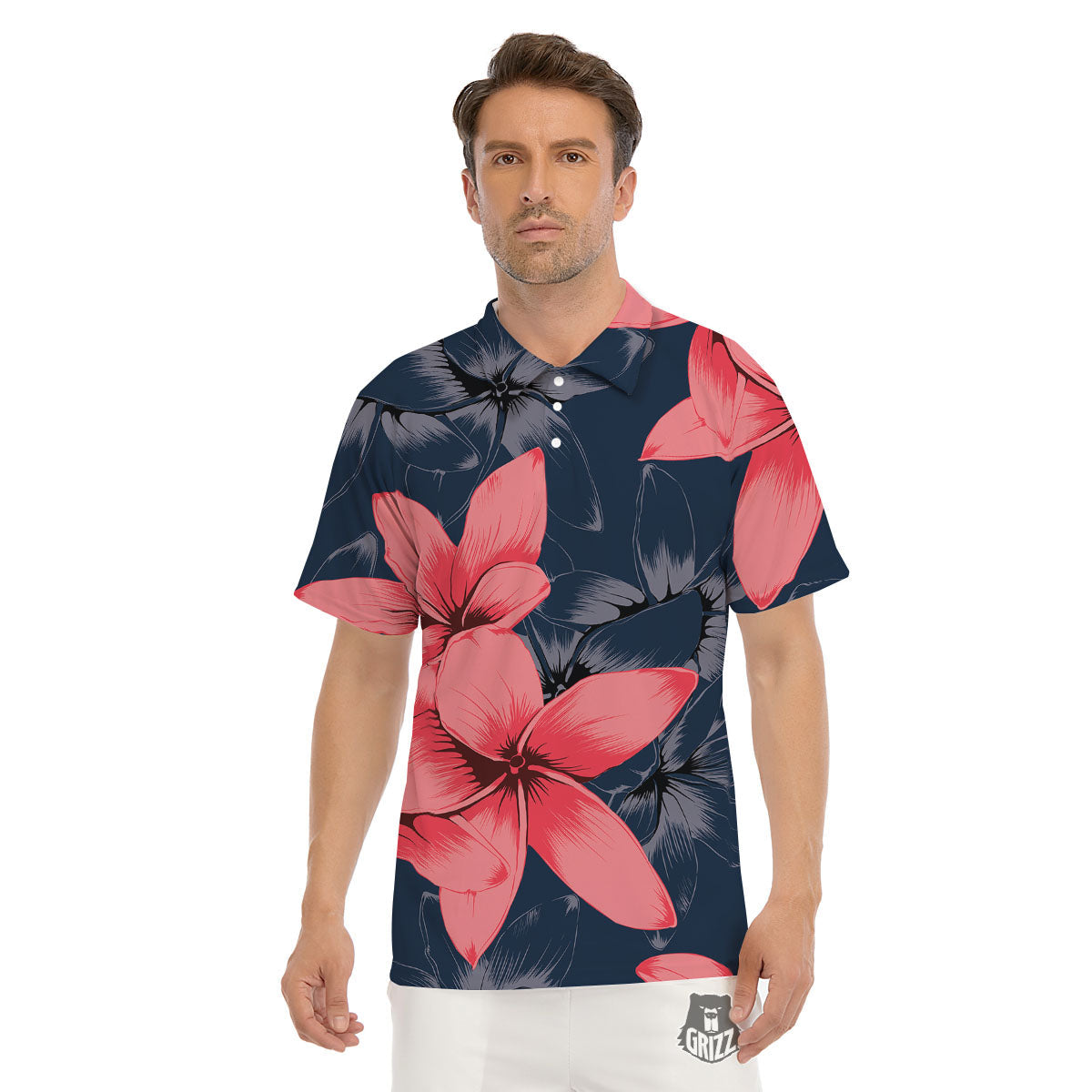 Plumeria Flower Pink Print Men's Golf Shirts-grizzshop