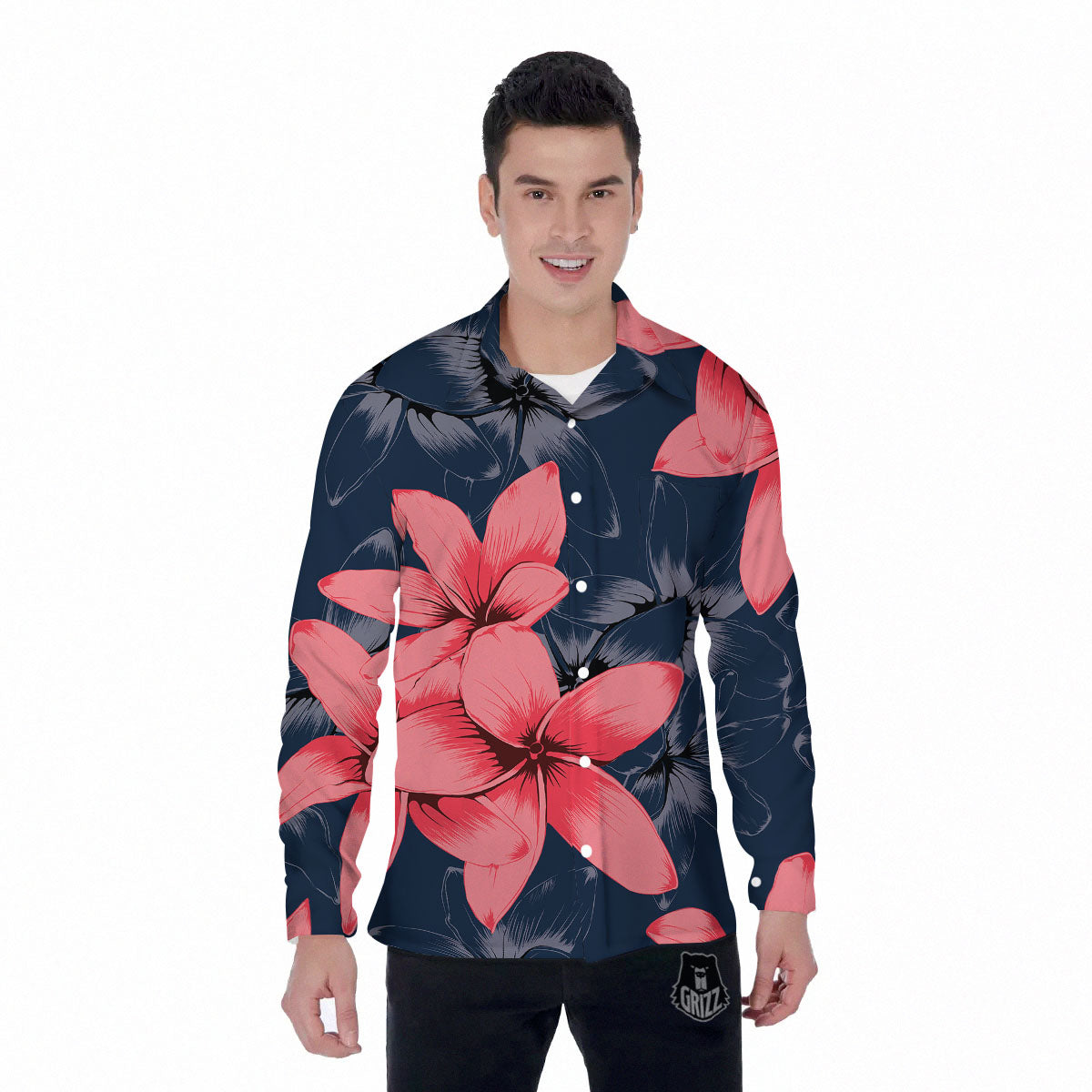 Plumeria Flower Pink Print Men's Long Sleeve Shirts-grizzshop