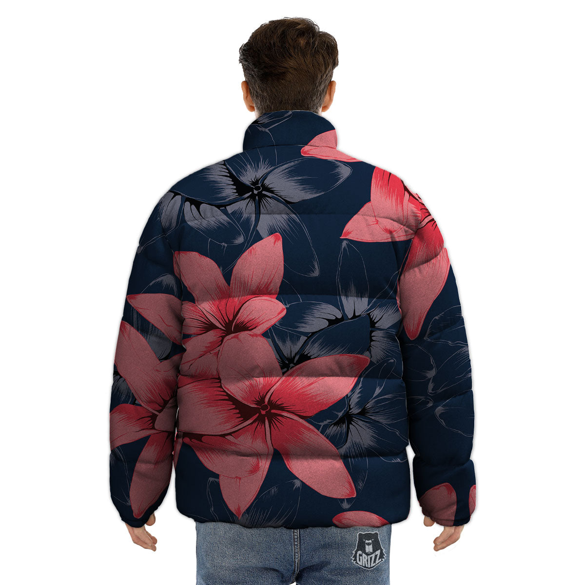 Plumeria Flower Pink Print Puffer Jacket-grizzshop