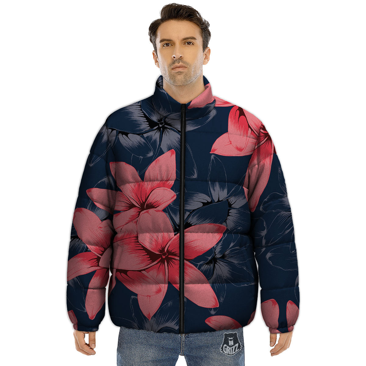 Plumeria Flower Pink Print Puffer Jacket-grizzshop