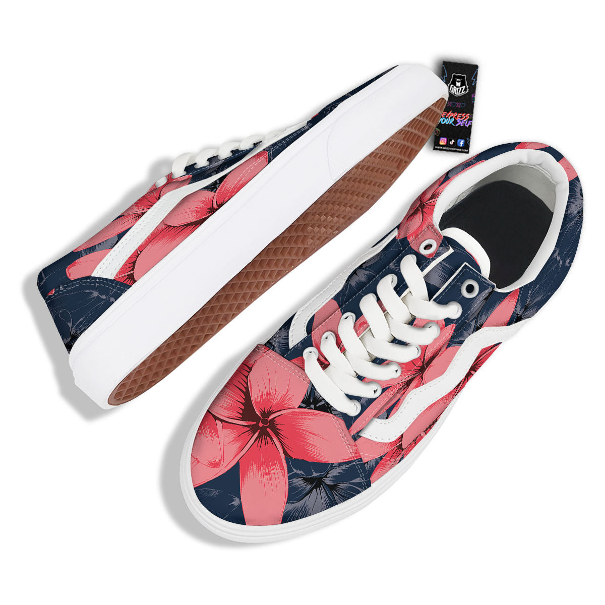 Plumeria Flower Pink Print Skate Shoes-grizzshop