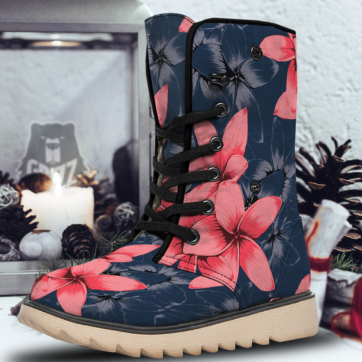Plumeria Flower Pink Print Snow Boots-grizzshop