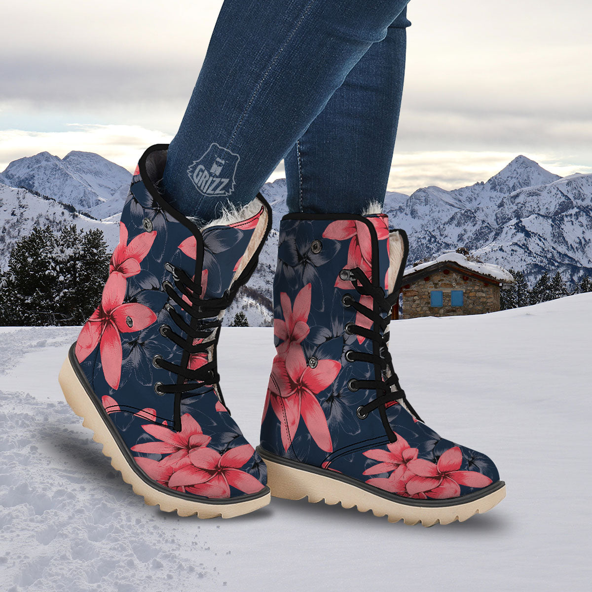 Plumeria Flower Pink Print Snow Boots-grizzshop