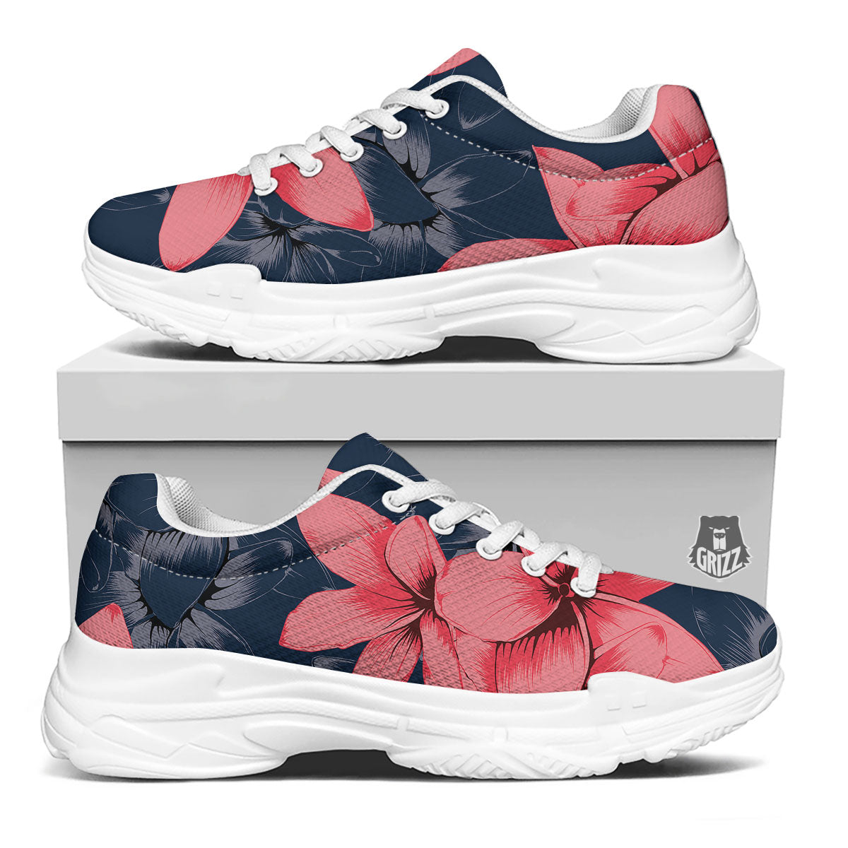 Plumeria Flower Pink Print White Chunky Shoes-grizzshop