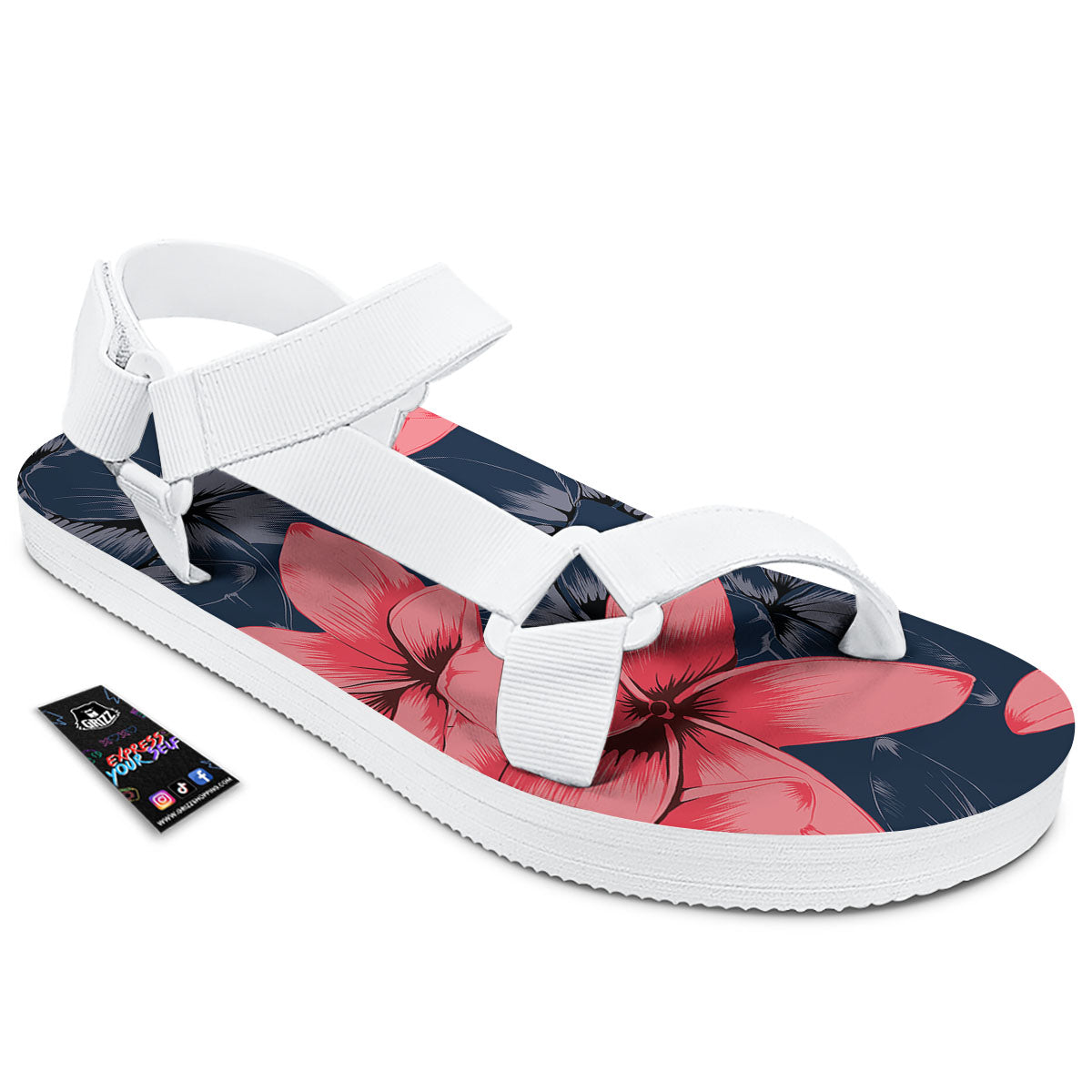 Plumeria Flower Pink Print White Open Toe Sandals-grizzshop