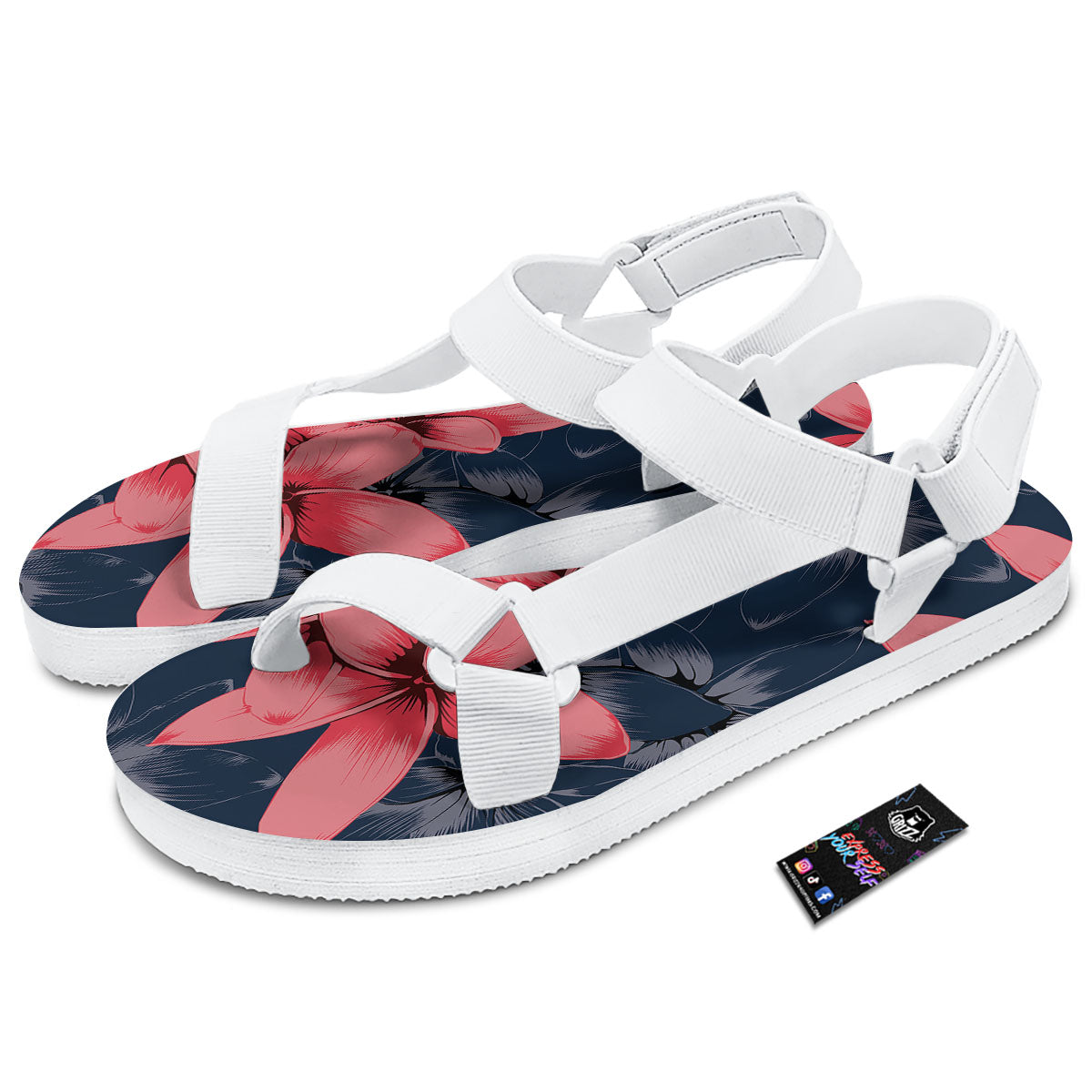 Plumeria Flower Pink Print White Open Toe Sandals-grizzshop