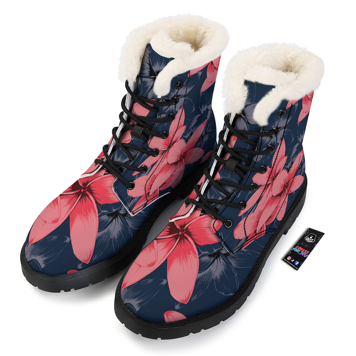 Plumeria Flower Pink Print Winter Boots-grizzshop