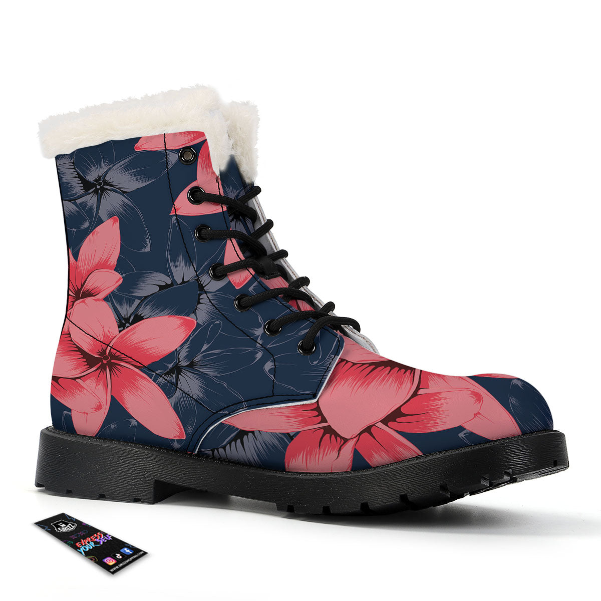 Plumeria Flower Pink Print Winter Boots-grizzshop