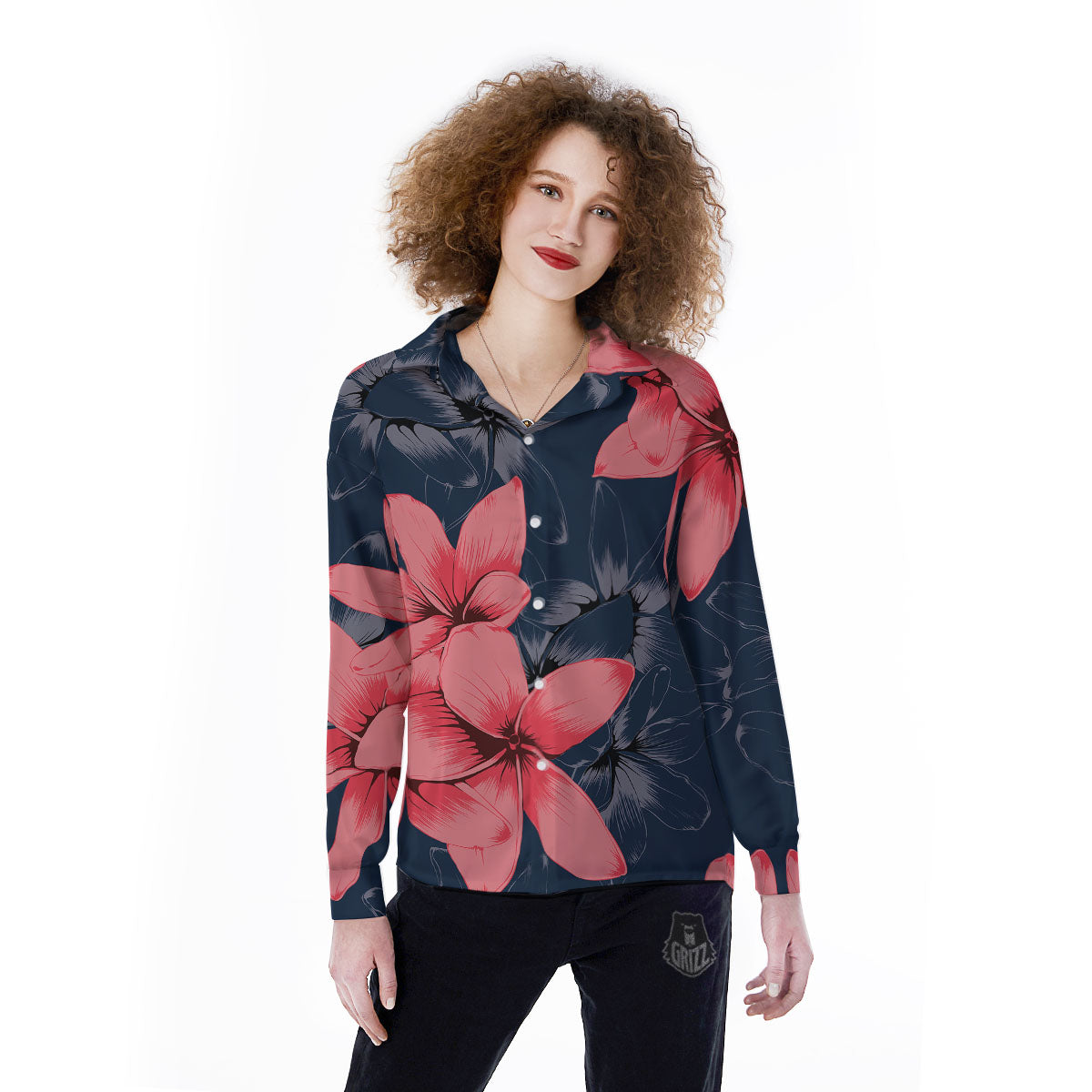 Plumeria Flower Pink Print Women's Long Sleeve Shirts-grizzshop