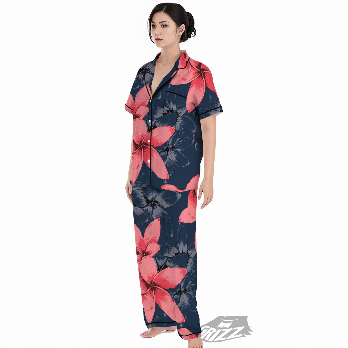 Plumeria Flower Pink Print Women's Pajamas Set-grizzshop