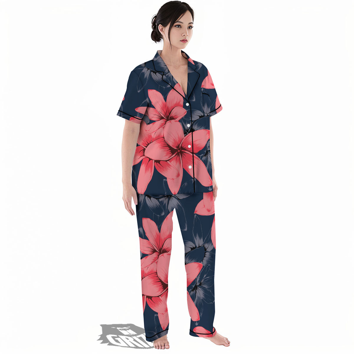 Plumeria Flower Pink Print Women's Pajamas Set-grizzshop