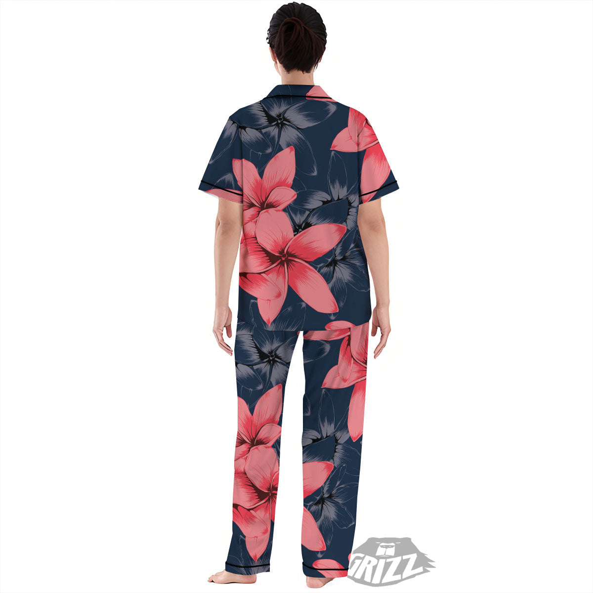 Plumeria Flower Pink Print Women's Pajamas Set-grizzshop