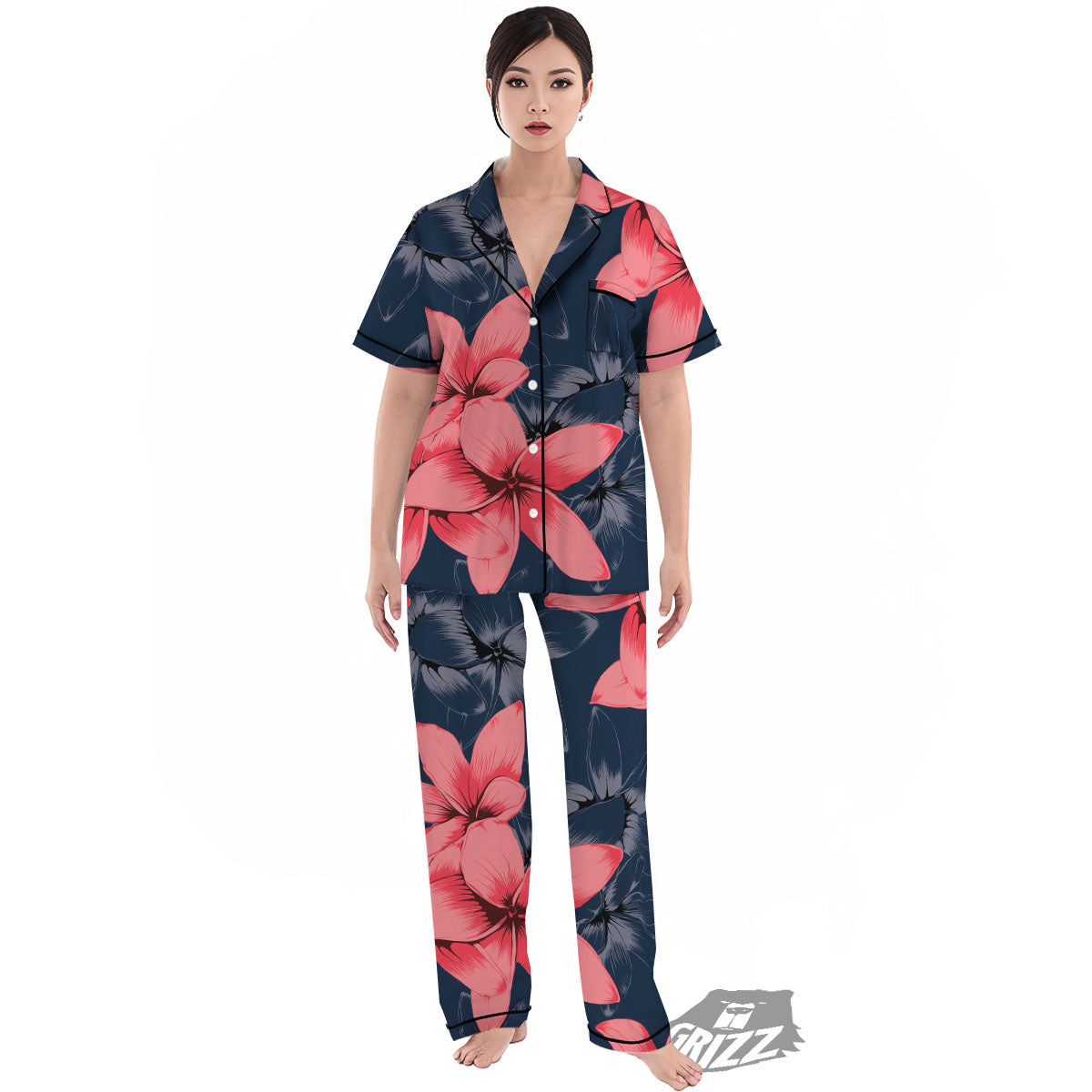 Plumeria Flower Pink Print Women's Pajamas Set-grizzshop