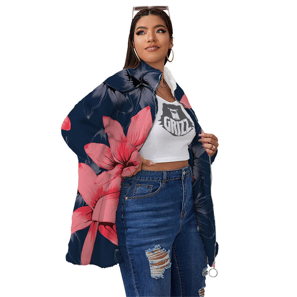 Plumeria Flower Pink Print Women's Sherpa Jacket-grizzshop