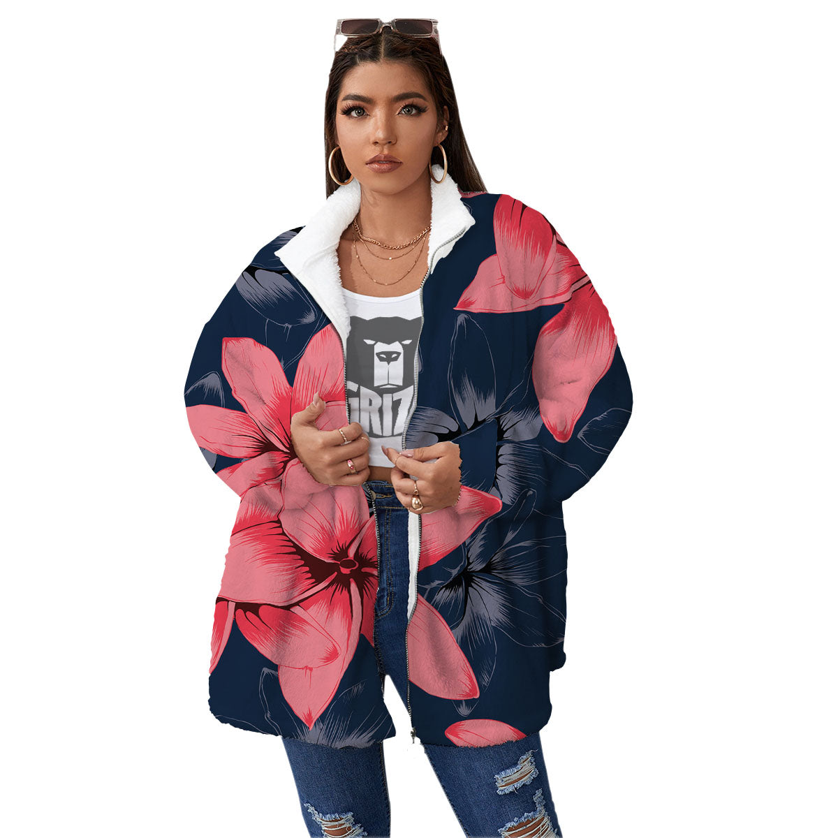 Plumeria Flower Pink Print Women's Sherpa Jacket-grizzshop