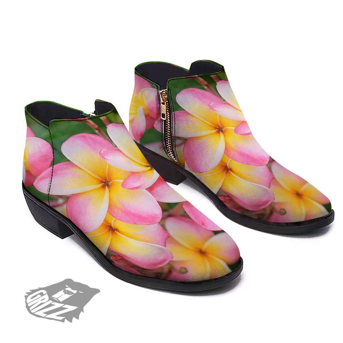 Plumeria Flower Yellow And Pink Print Ankle Boots-grizzshop
