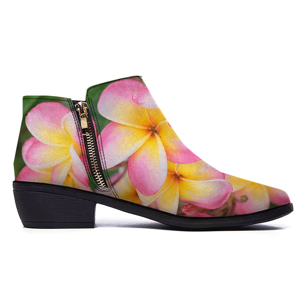 Plumeria Flower Yellow And Pink Print Ankle Boots-grizzshop