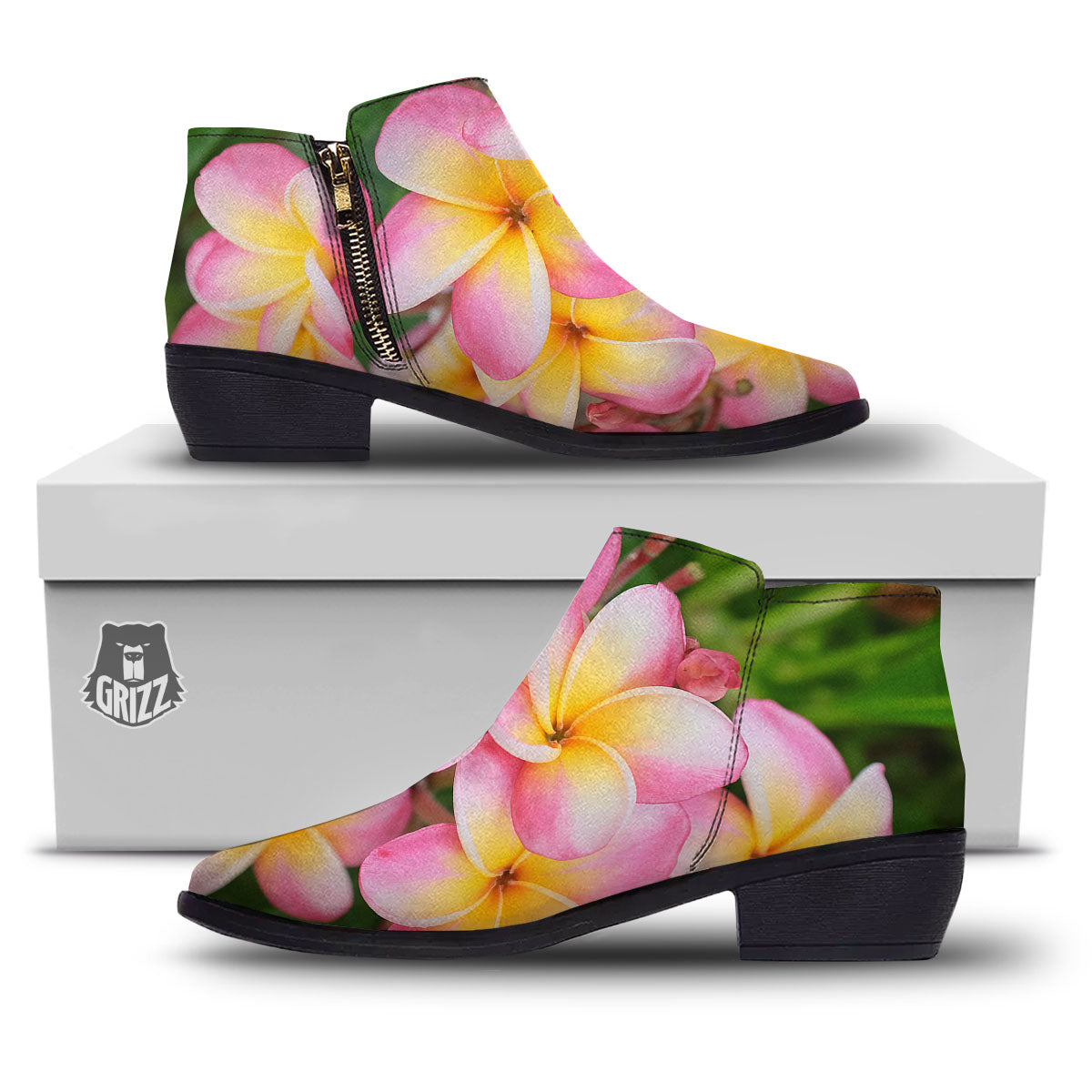 Plumeria Flower Yellow And Pink Print Ankle Boots-grizzshop