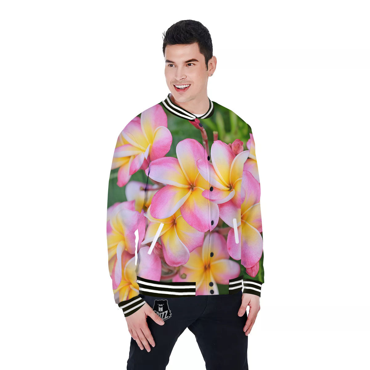 Plumeria Flower Yellow And Pink Print Baseball Jacket-grizzshop