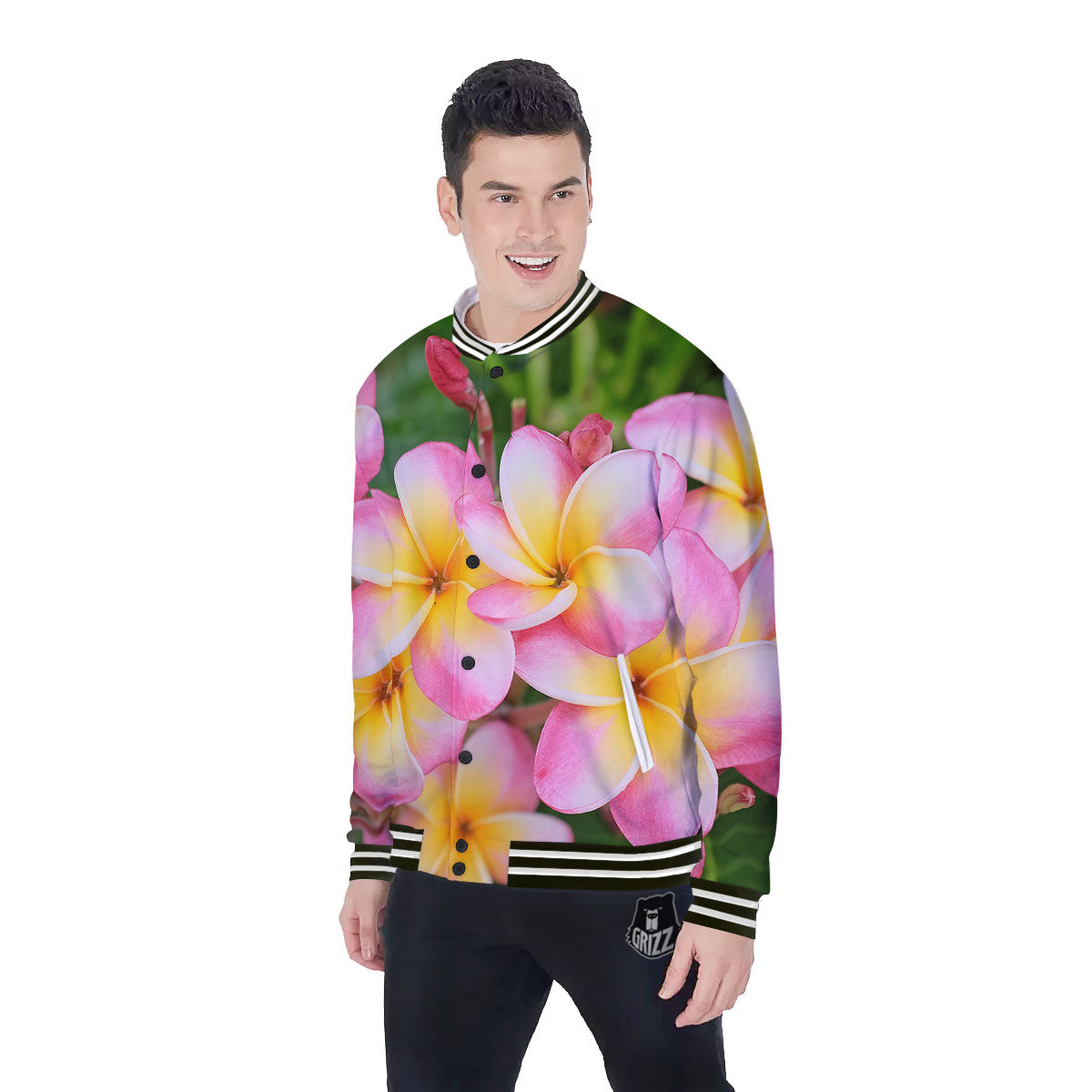 Plumeria Flower Yellow And Pink Print Baseball Jacket-grizzshop