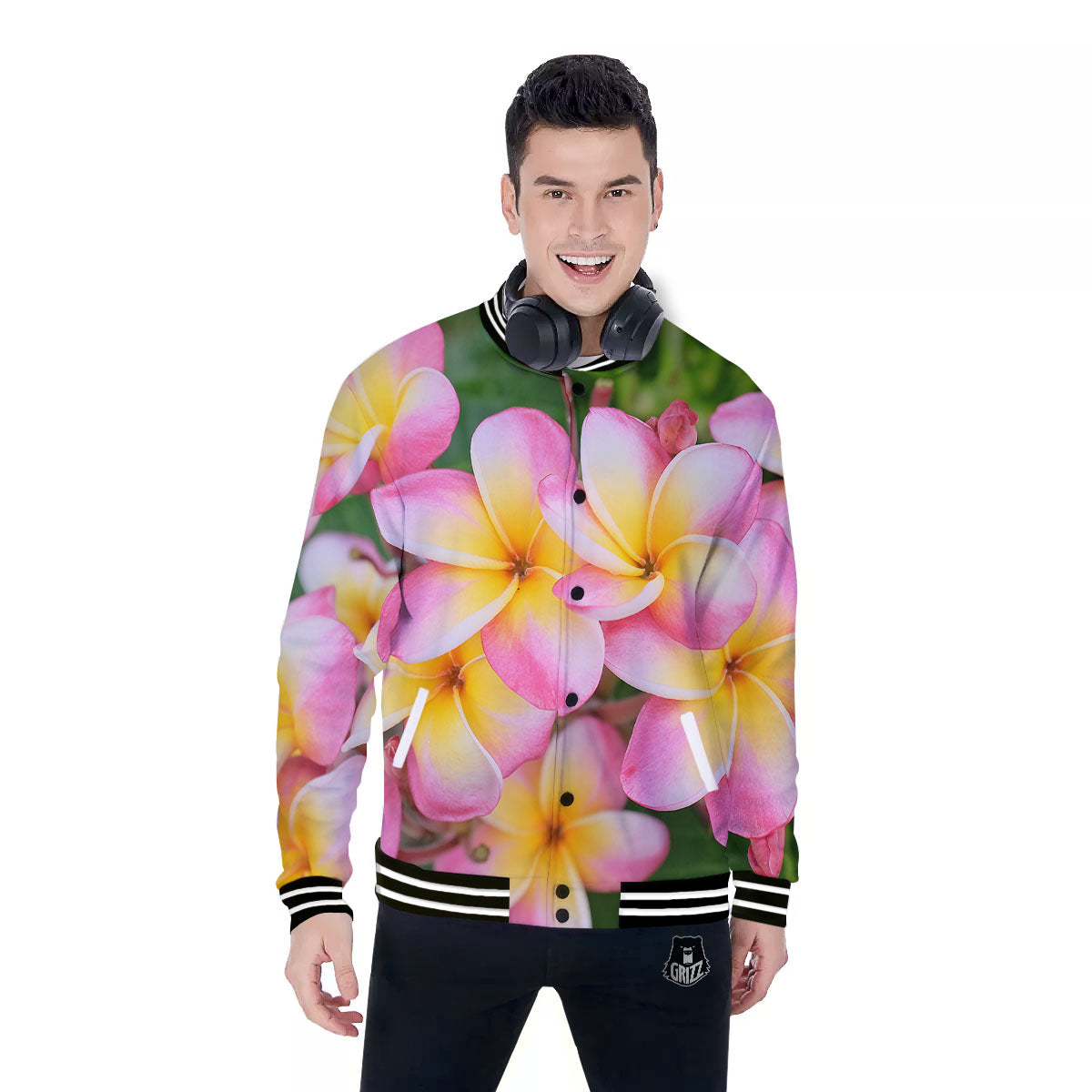 Plumeria Flower Yellow And Pink Print Baseball Jacket-grizzshop
