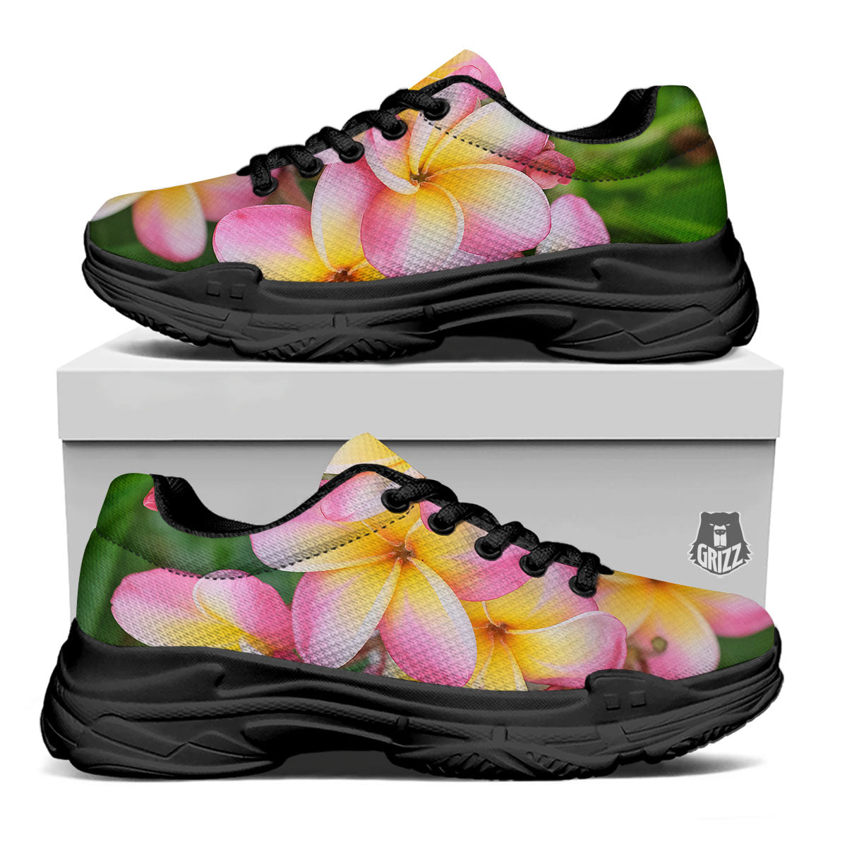 Plumeria Flower Yellow And Pink Print Black Chunky Shoes-grizzshop