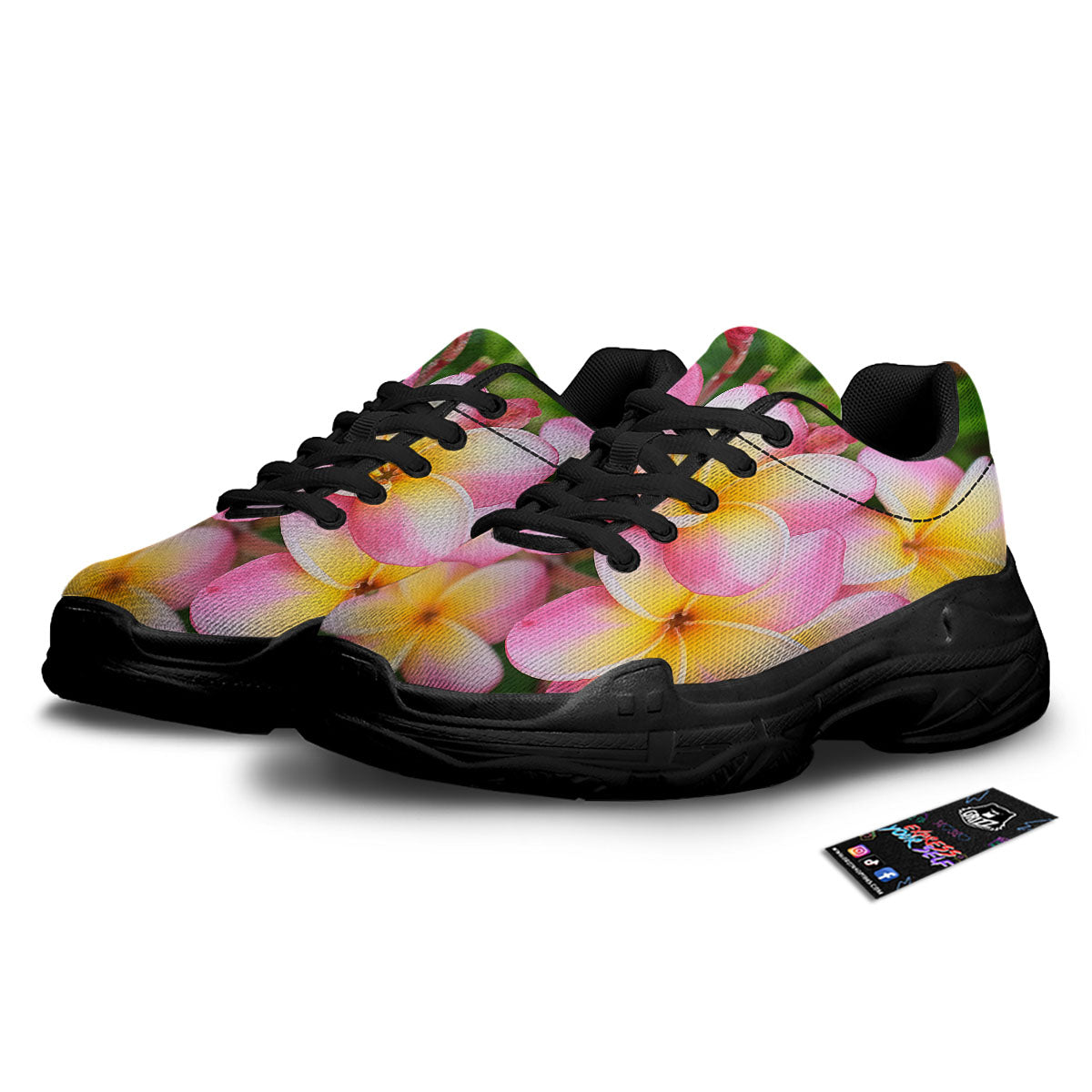 Plumeria Flower Yellow And Pink Print Black Chunky Shoes-grizzshop