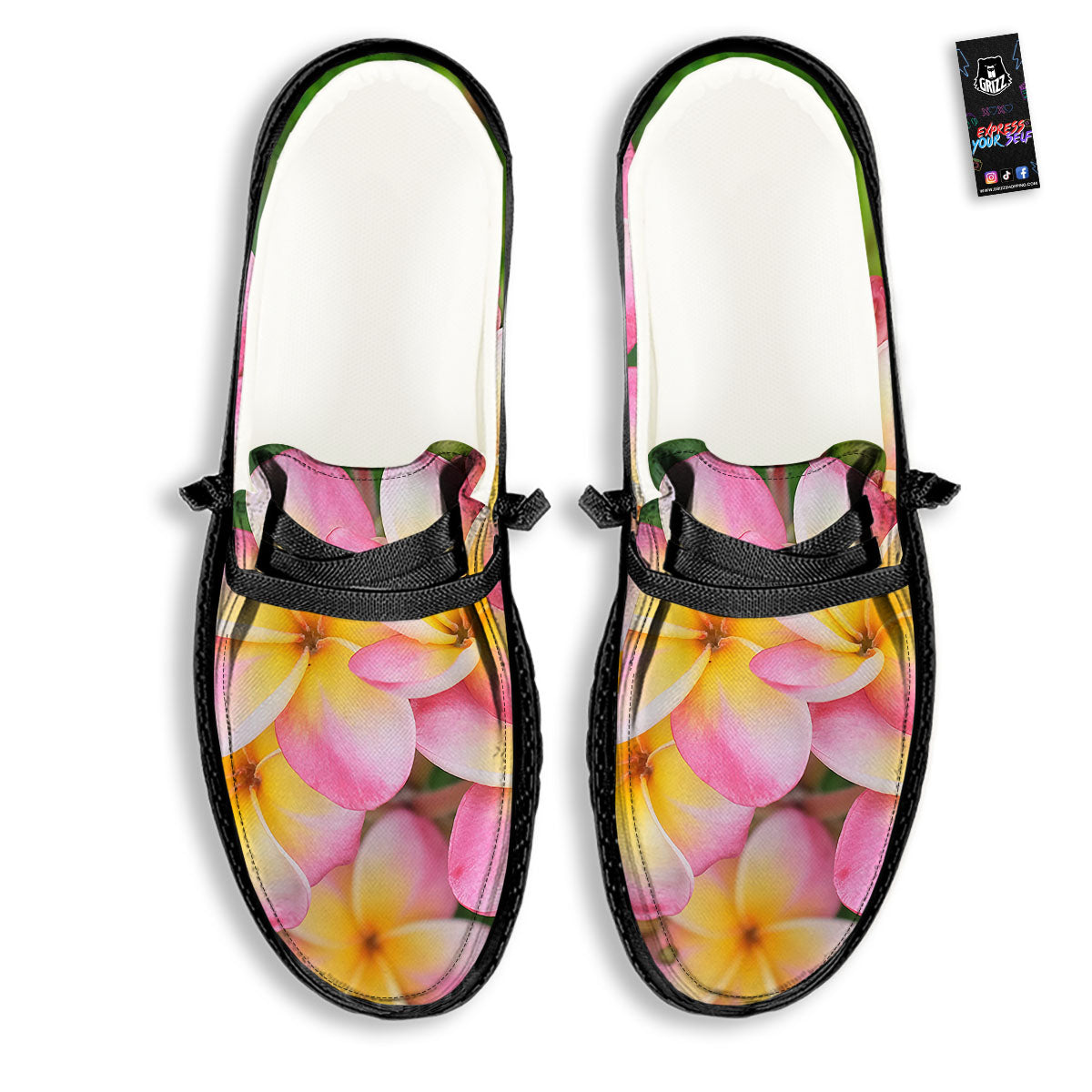 Plumeria Flower Yellow And Pink Print Black Loafers-grizzshop
