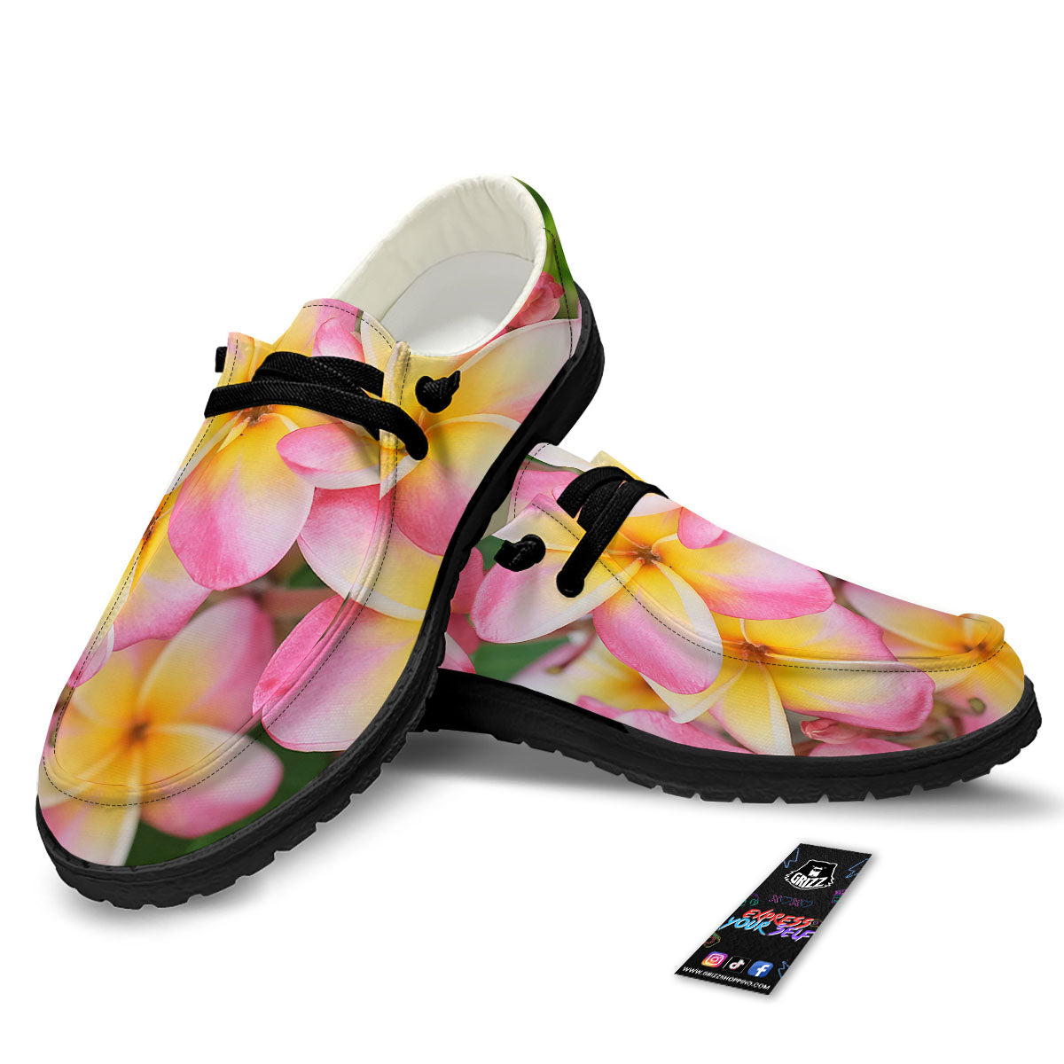 Plumeria Flower Yellow And Pink Print Black Loafers-grizzshop