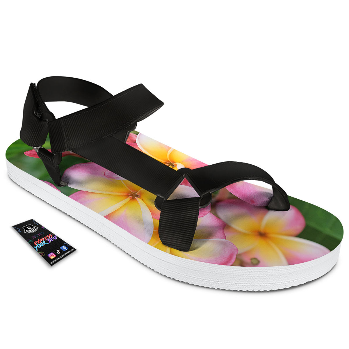 Plumeria Flower Yellow And Pink Print Black Open Toe Sandals-grizzshop