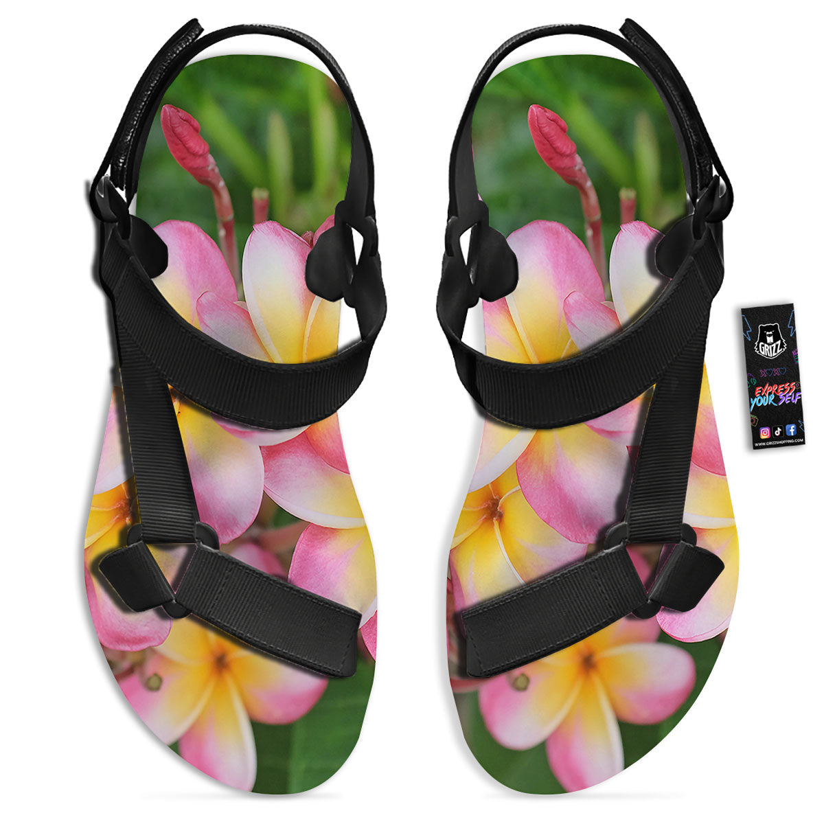 Plumeria Flower Yellow And Pink Print Black Open Toe Sandals-grizzshop