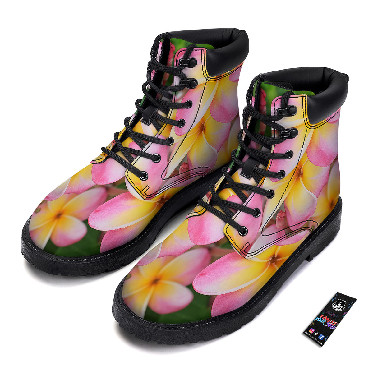 Plumeria Flower Yellow And Pink Print Boots-grizzshop