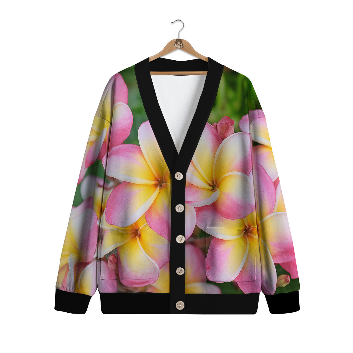 Plumeria Flower Yellow And Pink Print Cardigan-grizzshop
