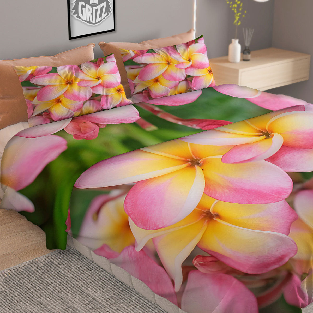 Plumeria Flower Yellow And Pink Print Duvet Cover Bedding Set