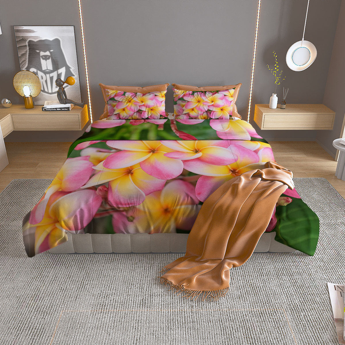 Plumeria Flower Yellow And Pink Print Duvet Cover Bedding Set