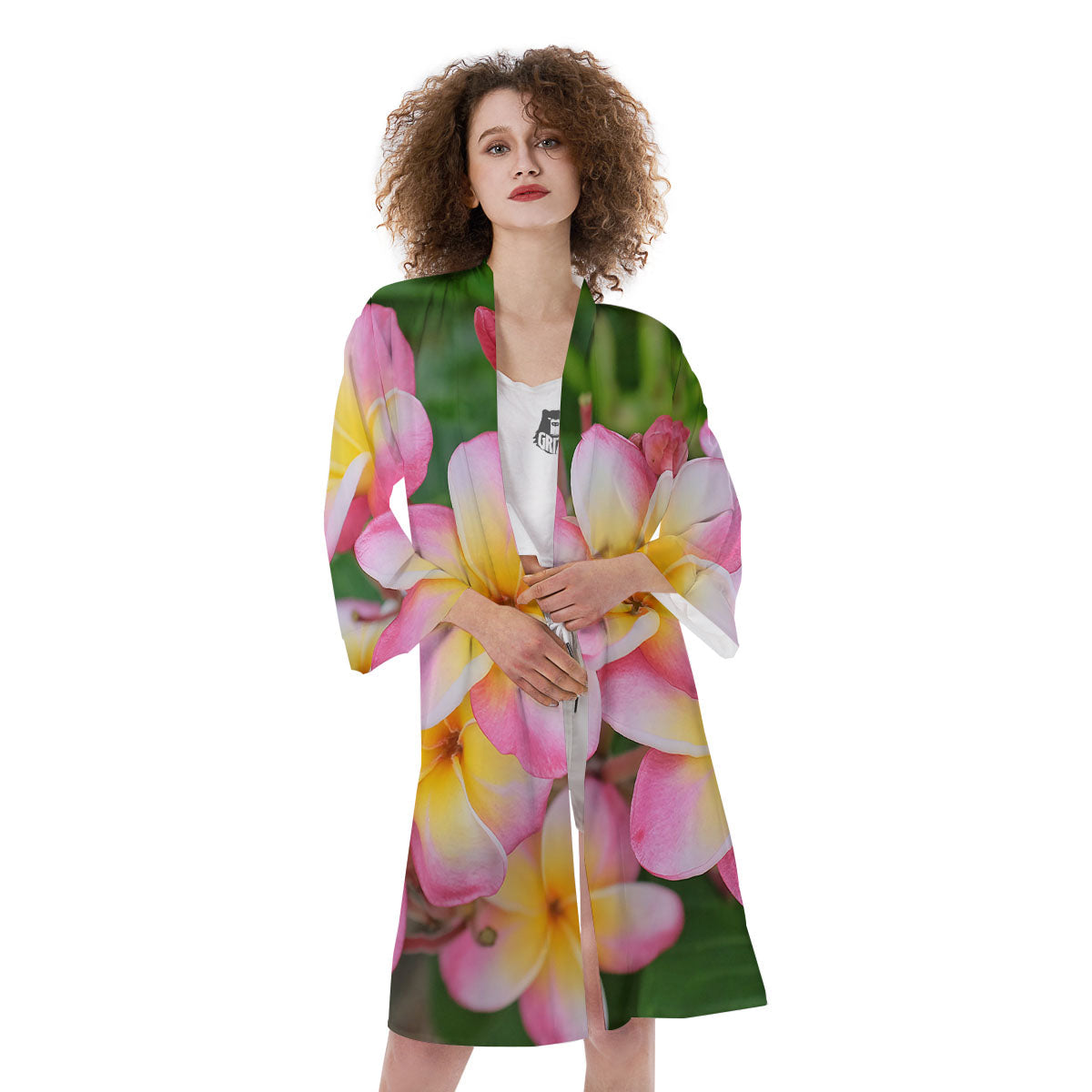 Plumeria Flower Yellow And Pink Print Kimono-grizzshop