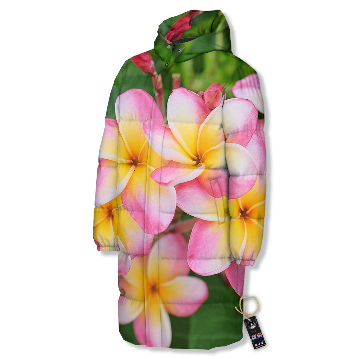 Plumeria Flower Yellow And Pink Print Long Down Jacket-grizzshop