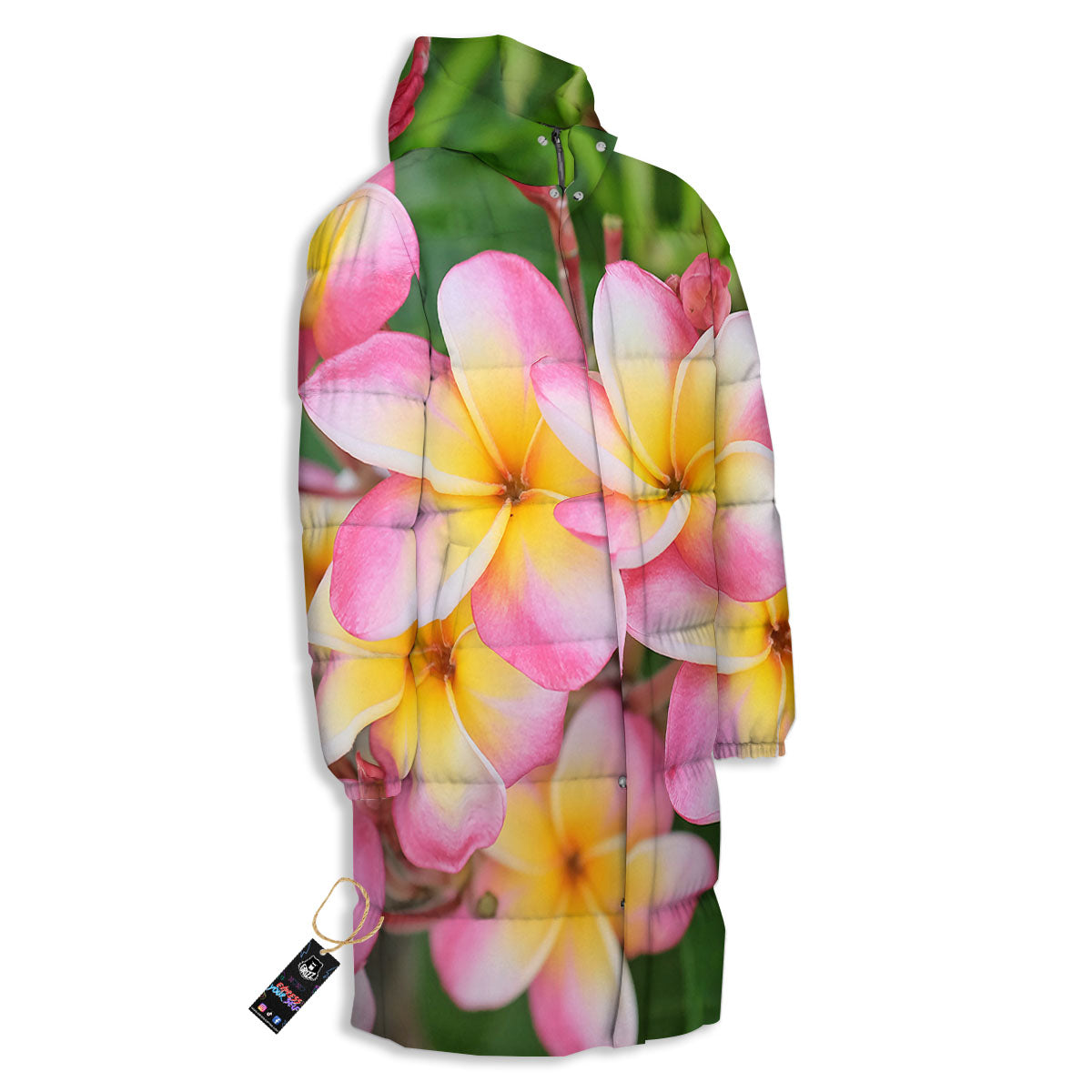 Plumeria Flower Yellow And Pink Print Long Down Jacket-grizzshop