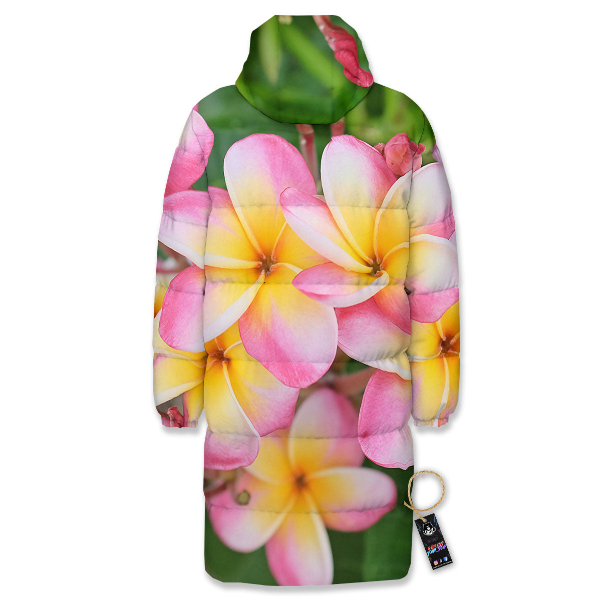 Plumeria Flower Yellow And Pink Print Long Down Jacket-grizzshop