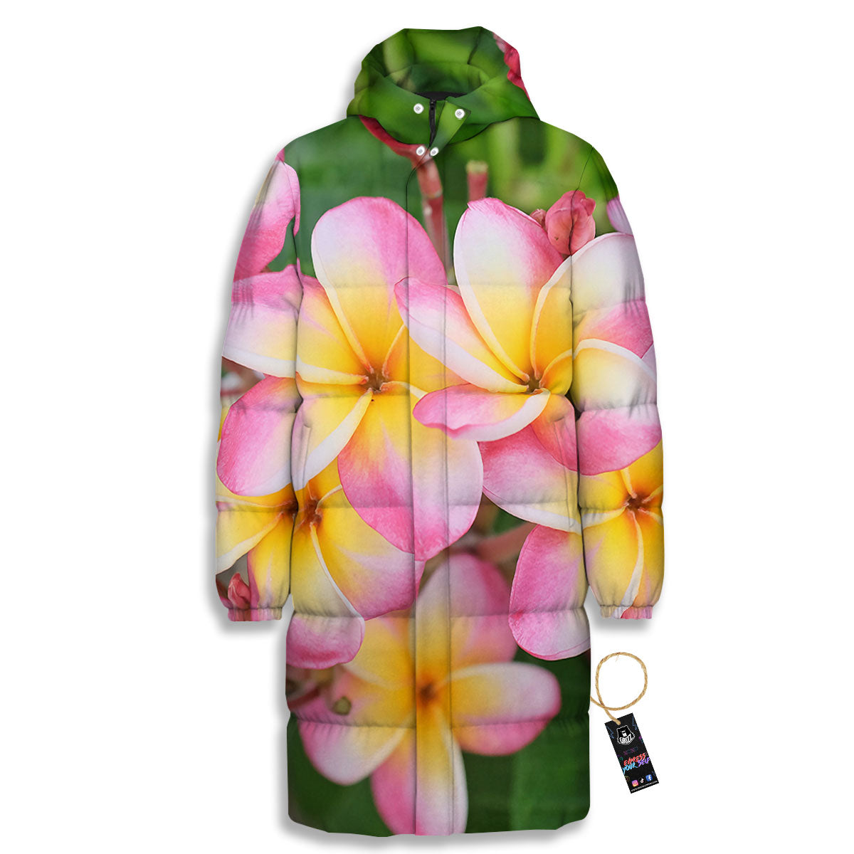 Plumeria Flower Yellow And Pink Print Long Down Jacket-grizzshop