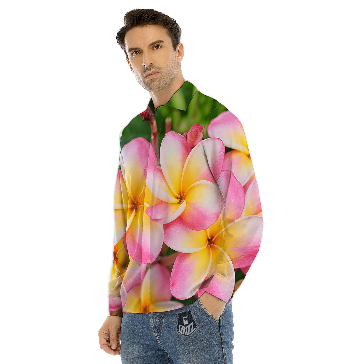 Plumeria Flower Yellow And Pink Print Men's Dress Shirts-grizzshop