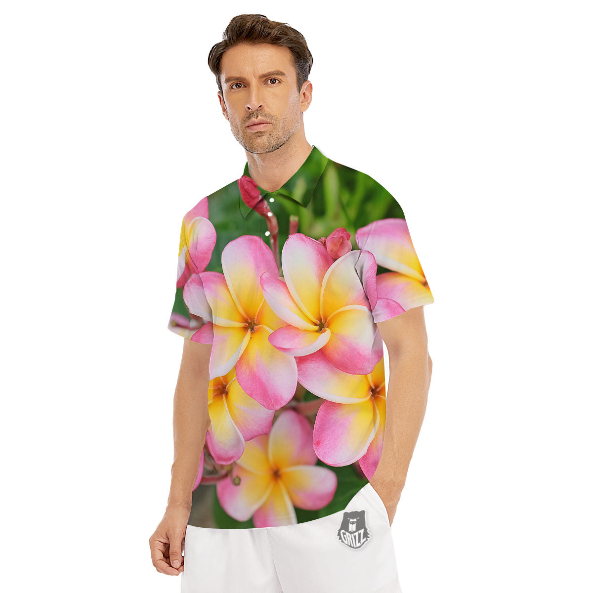 Plumeria Flower Yellow And Pink Print Men's Golf Shirts-grizzshop