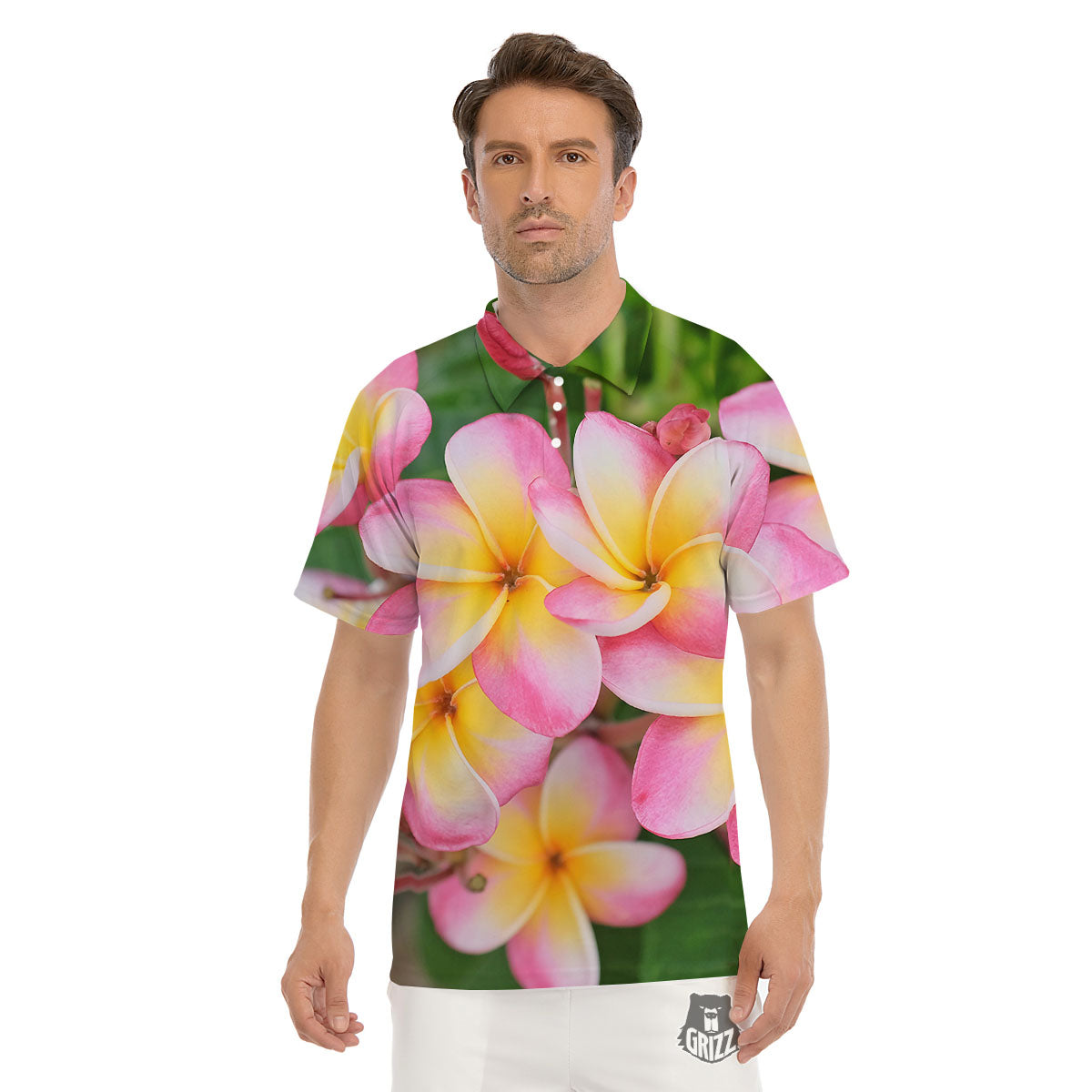 Plumeria Flower Yellow And Pink Print Men's Golf Shirts-grizzshop