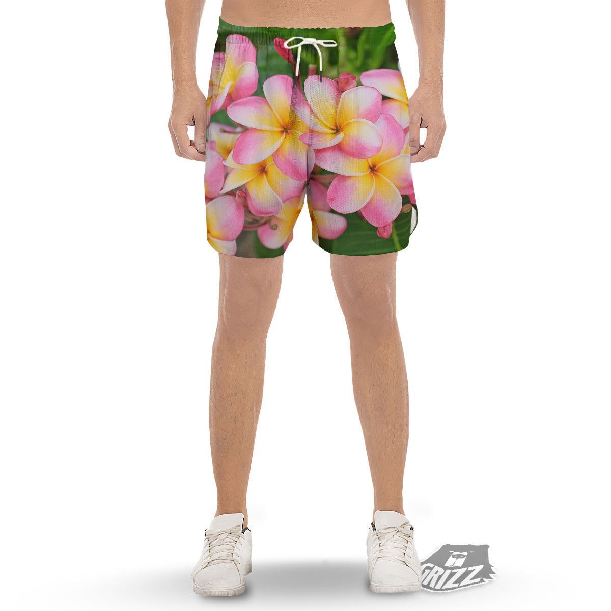 Plumeria Flower Yellow And Pink Print Men's Gym Shorts-grizzshop