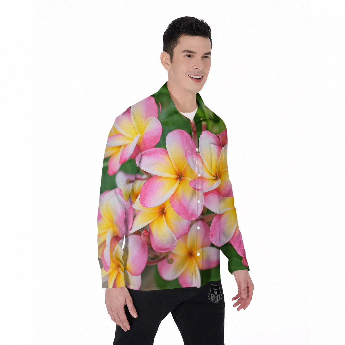 Plumeria Flower Yellow And Pink Print Men's Long Sleeve Shirts-grizzshop